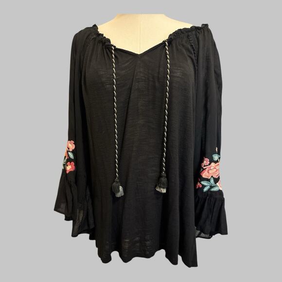 Vintage America Blues Peasant Black Embroidered Boho Folk Festival Floral Top L - Picture 1 of 8